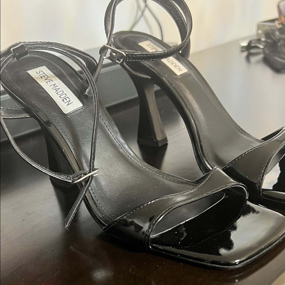 Steve Madden Black Patent Strappy Square-Toe Heels